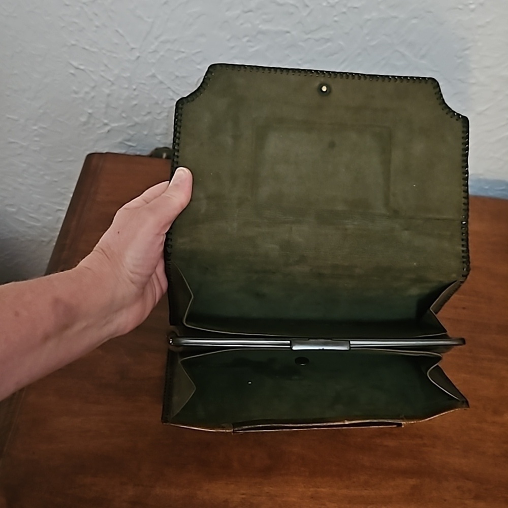 Antique Art Nouveau Tooled Floral Leather Expandable Wallet Clutch Bag - Picture 7 of 16